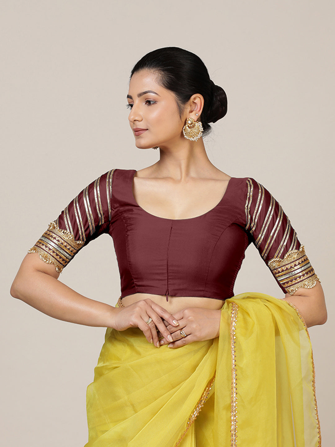 Anisha x Tyohaar Saree Blouse, in Maroon Vegan Silk, featuring elbow sleeves and round neckline, made for party & festive.