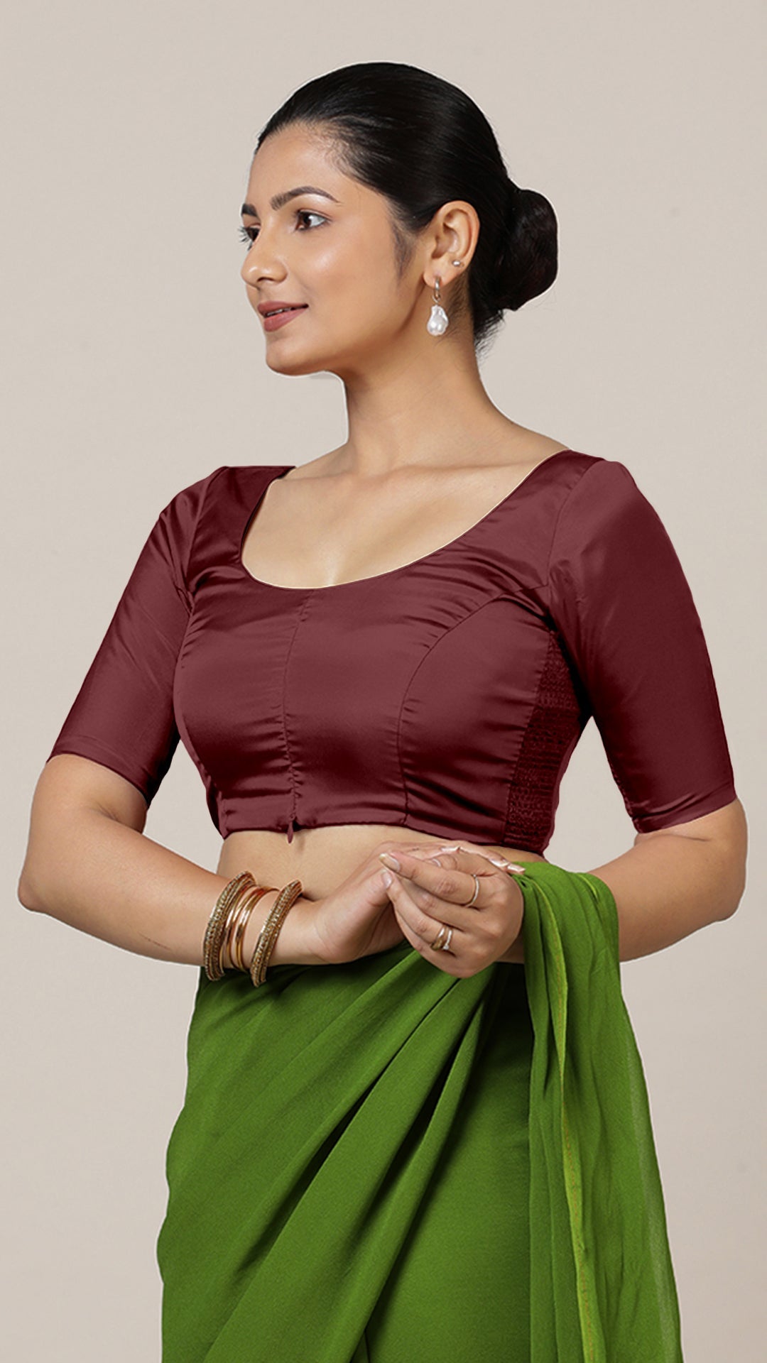 Anisha x Rozaana Saree Blouse, in Maroon Vegan Silk, featuring elbow sleeves and round neckline, made for daily & work (view 8).