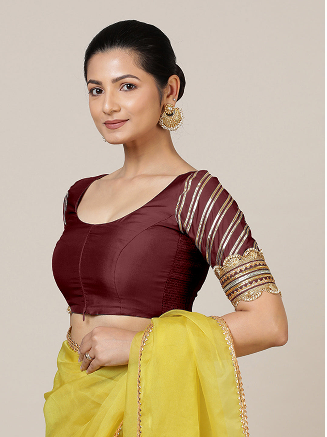 Anisha x Tyohaar Saree Blouse, in Maroon Vegan Silk, featuring elbow sleeves and round neckline, made for party & festive.