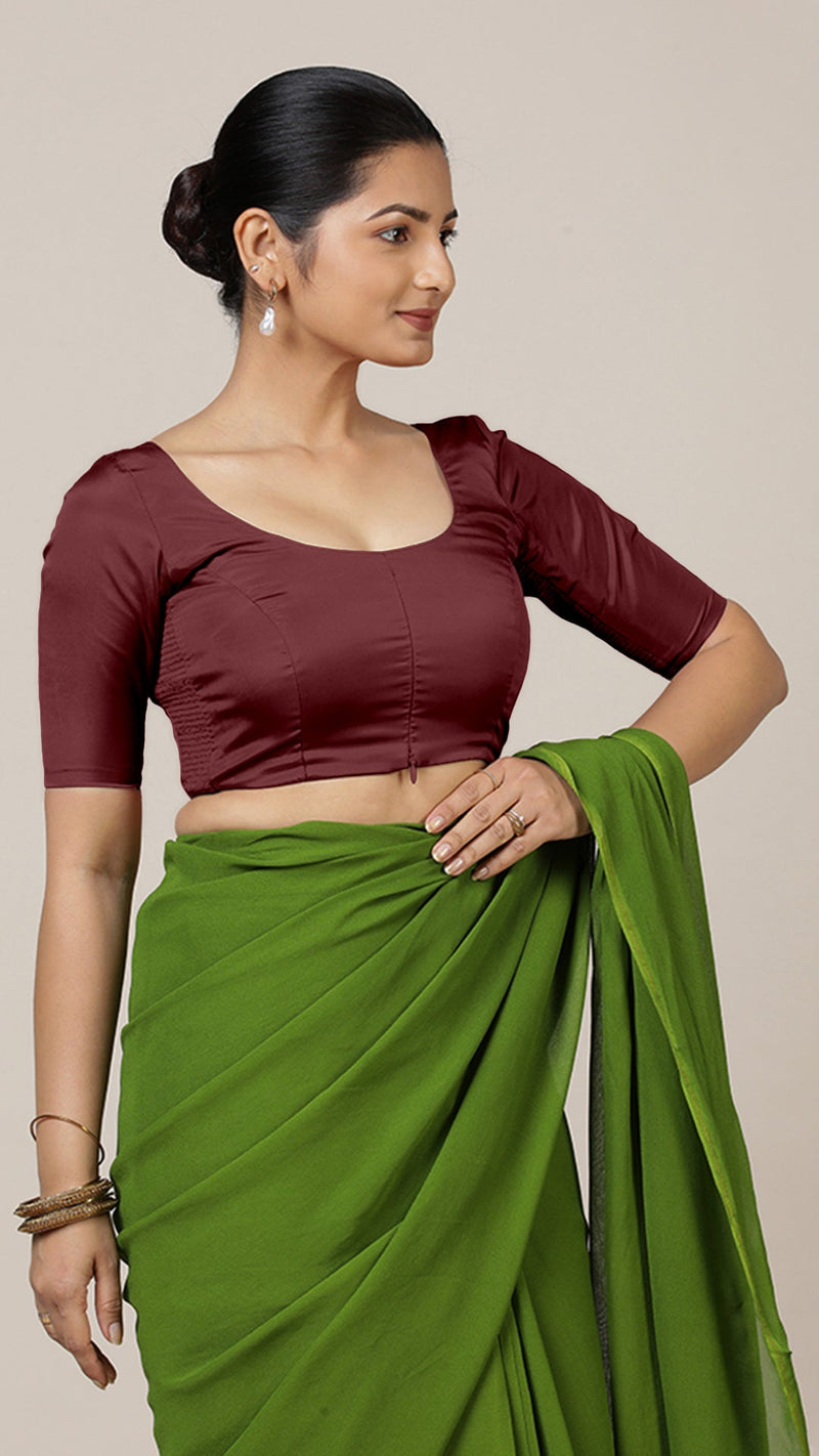 Anisha x Rozaana | Elbow Sleeves Saree Blouse in Burgundy-Binks