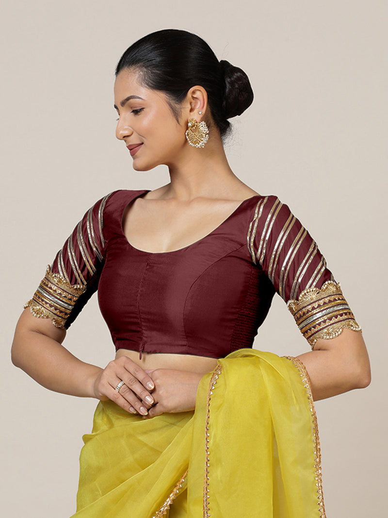 Anisha x Tyohaar | Elbow Sleeves Saree Blouse in Burgundy-Binks