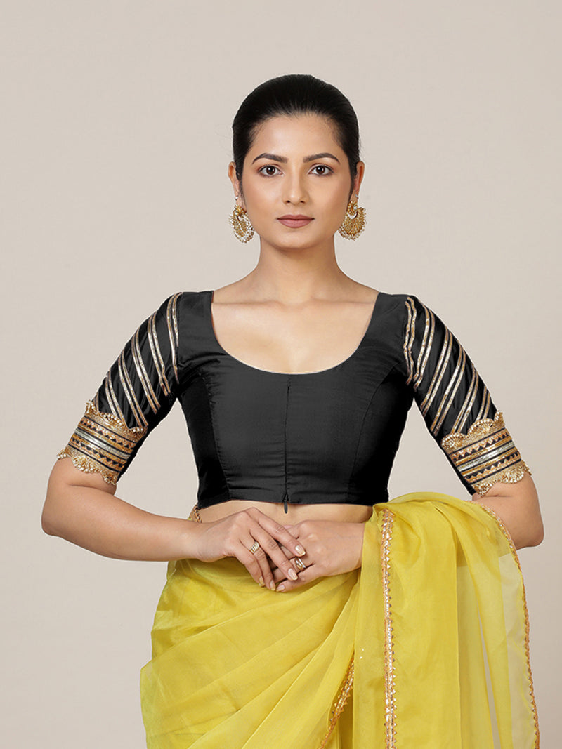 Anisha x Tyohaar | Elbow Sleeves Saree Blouse in Charcoal Black-Binks