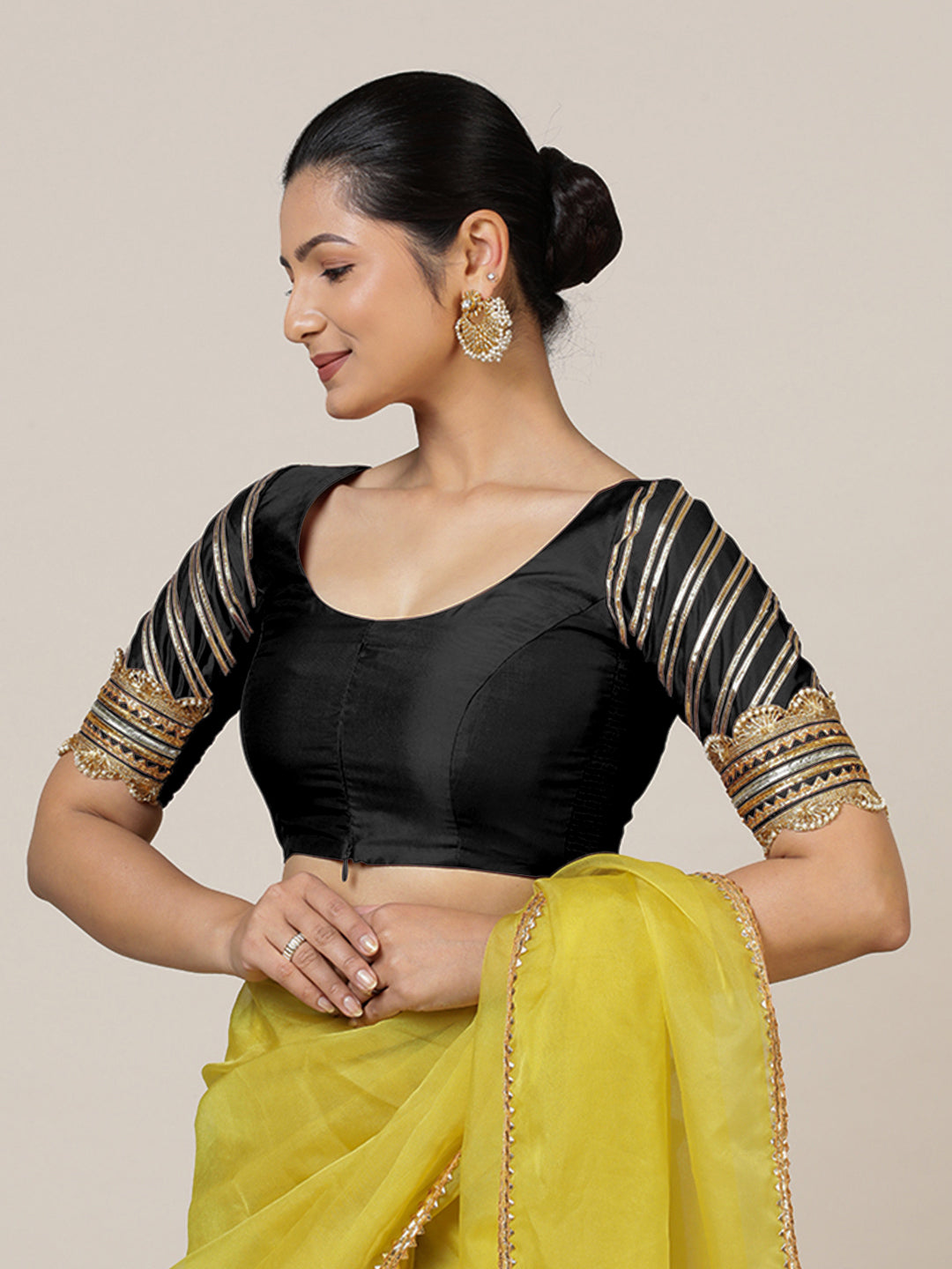 Anisha x Tyohaar Saree Blouse, in Black Vegan Silk, featuring elbow sleeves and round neckline, made for party & festive.