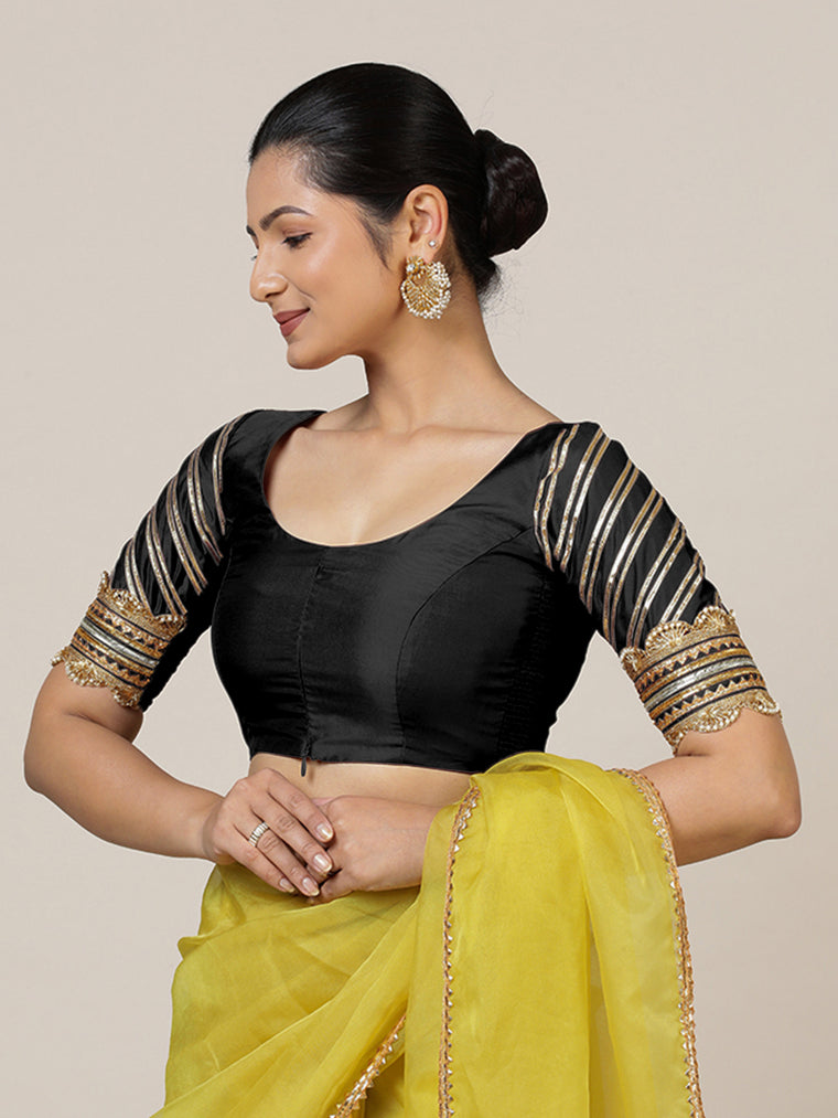 Anisha x Tyohaar Saree Blouse, in Black Vegan Silk, featuring elbow sleeves and round neckline, made for party & festive.