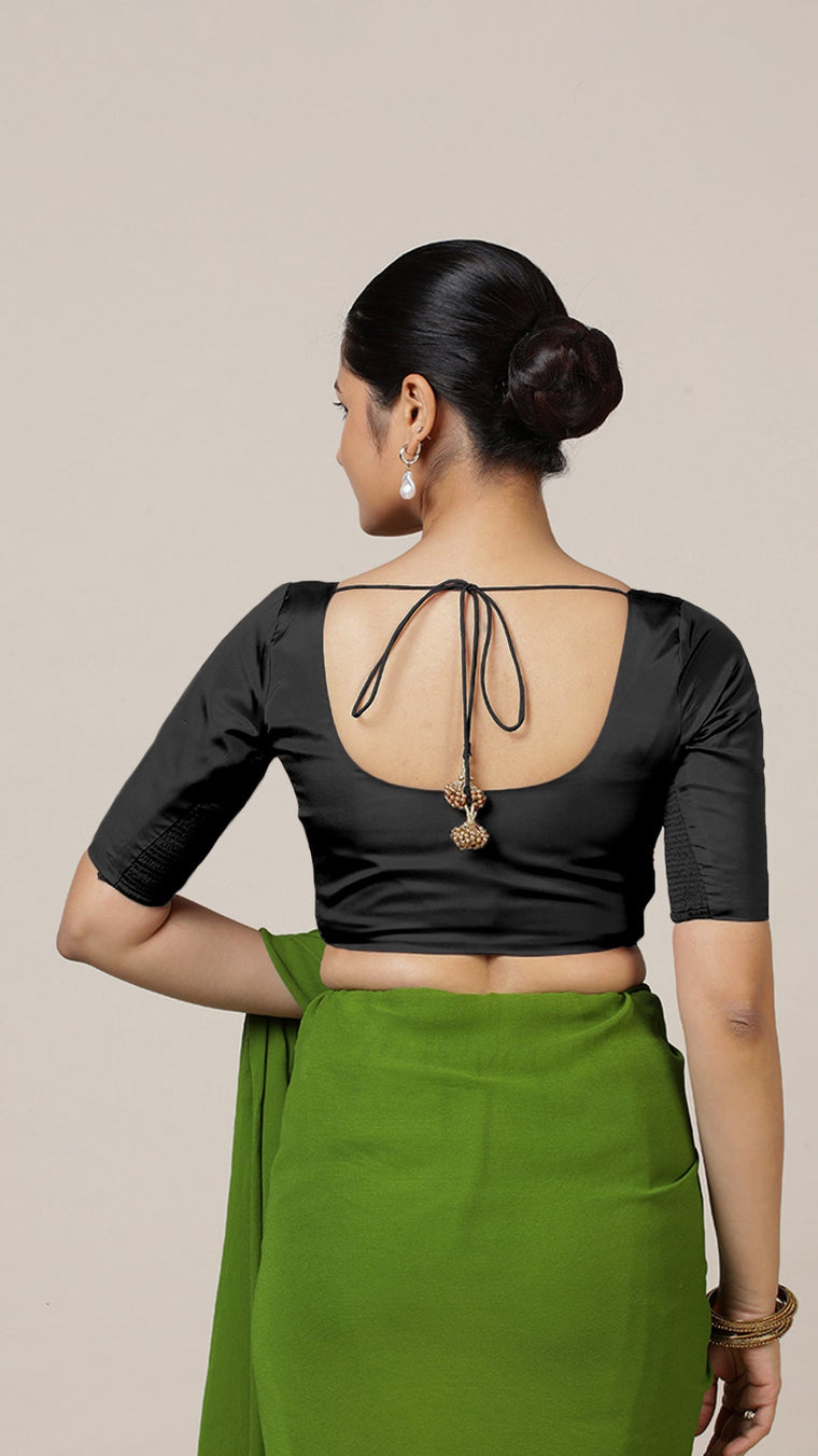 Anisha x Rozaana Saree Blouse, in Black Vegan Silk, featuring elbow sleeves and round neckline, made for daily & work (view 2).