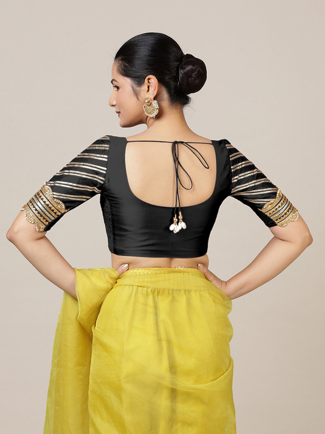 Anisha x Tyohaar Saree Blouse, in Black Vegan Silk, featuring elbow sleeves and round neckline, made for party & festive.