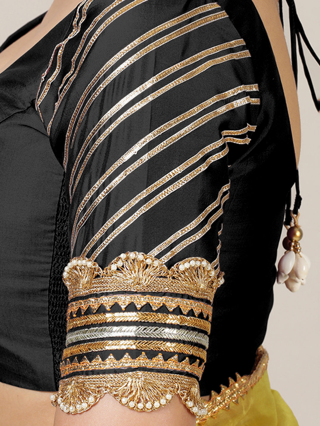 Anisha x Tyohaar Saree Blouse, in Black Vegan Silk, featuring elbow sleeves and round neckline, made for party & festive.