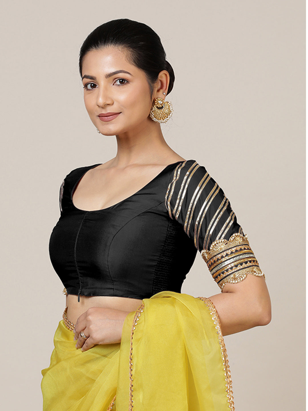 Anisha x Tyohaar Saree Blouse, in Black Vegan Silk, featuring elbow sleeves and round neckline, made for party & festive.