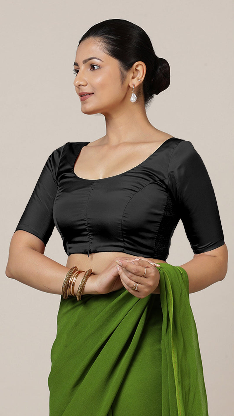 Anisha x Rozaana | Elbow Sleeves Saree Blouse in Charcoal Black-Binks