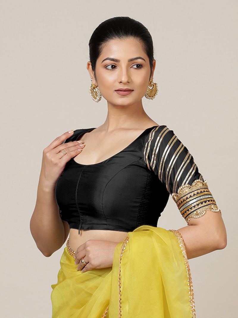 Anisha x Tyohaar | Elbow Sleeves Saree Blouse in Charcoal Black-Binks
