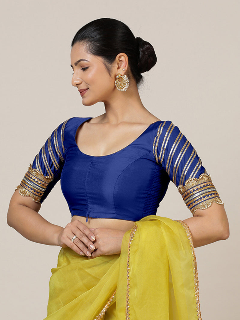 Anisha x Tyohaar | Elbow Sleeves Saree Blouse in Cobalt Blue-Binks