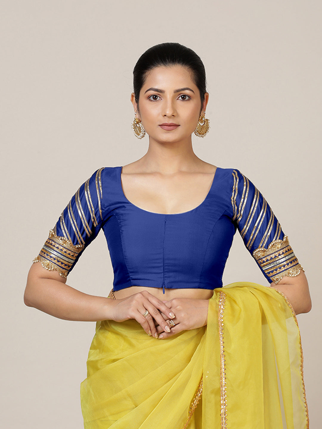Anisha x Tyohaar Saree Blouse, in Blue Vegan Silk, featuring elbow sleeves and round neckline, made for party & festive.
