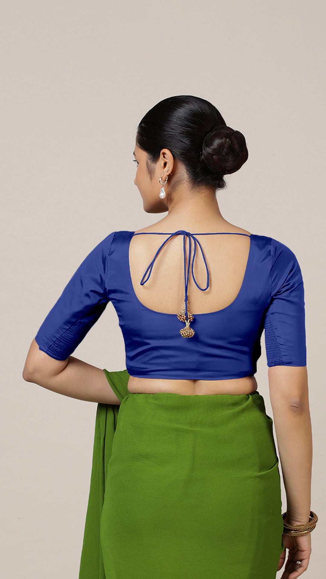 Anisha x Rozaana Saree Blouse, in Blue Vegan Silk, featuring elbow sleeves and round neckline, made for daily & work (view 2).