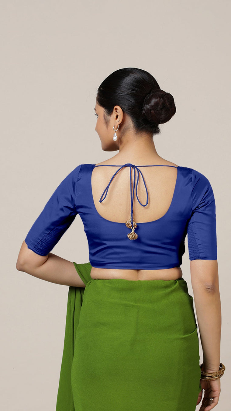 Anisha x Rozaana Saree Blouse, in Blue Vegan Silk, featuring elbow sleeves and round neckline, made for daily & work (view 2).
