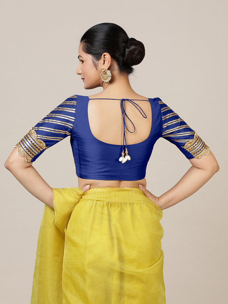 Anisha x Tyohaar Saree Blouse, in Blue Vegan Silk, featuring elbow sleeves and round neckline, made for party & festive.