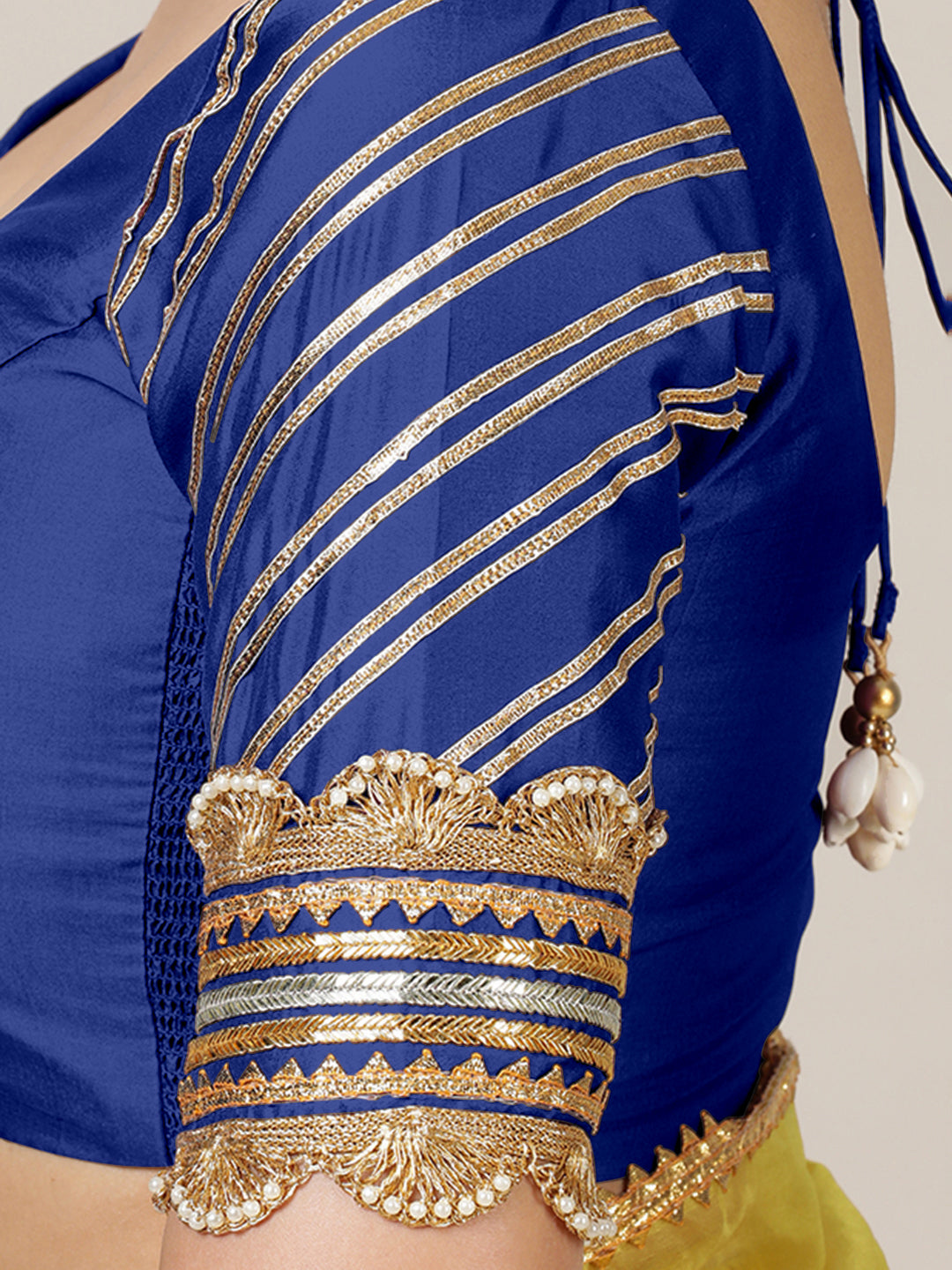 Anisha x Tyohaar Saree Blouse, in Blue Vegan Silk, featuring elbow sleeves and round neckline, made for party & festive.