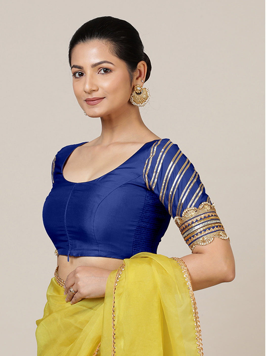 Anisha x Tyohaar Saree Blouse, in Blue Vegan Silk, featuring elbow sleeves and round neckline, made for party & festive.