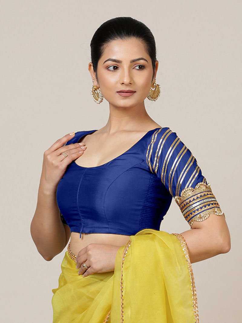 Anisha x Tyohaar | Elbow Sleeves Saree Blouse in Cobalt Blue-Binks