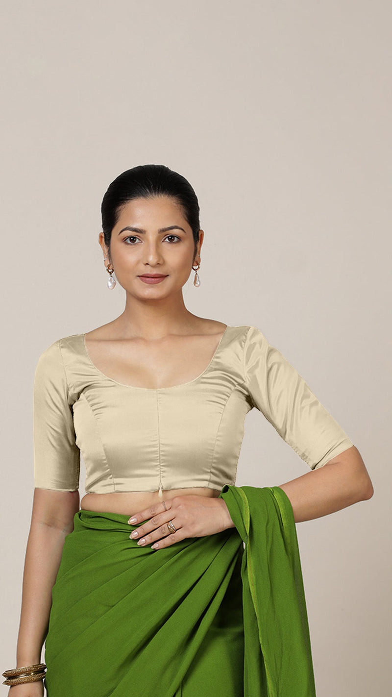 Anisha x Rozaana | Elbow Sleeves Saree Blouse in Cream-Binks