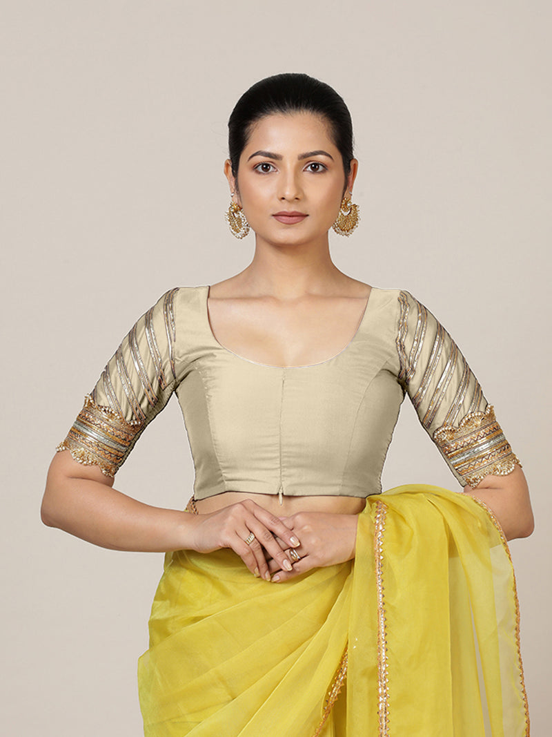 Anisha x Tyohaar | Elbow Sleeves Saree Blouse in Cream-Binks