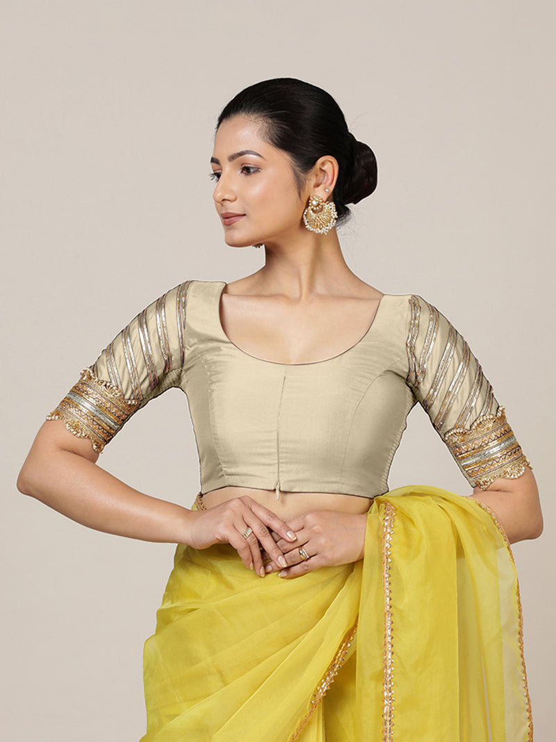 Anisha x Tyohaar | Elbow Sleeves Saree Blouse in Cream-Binks