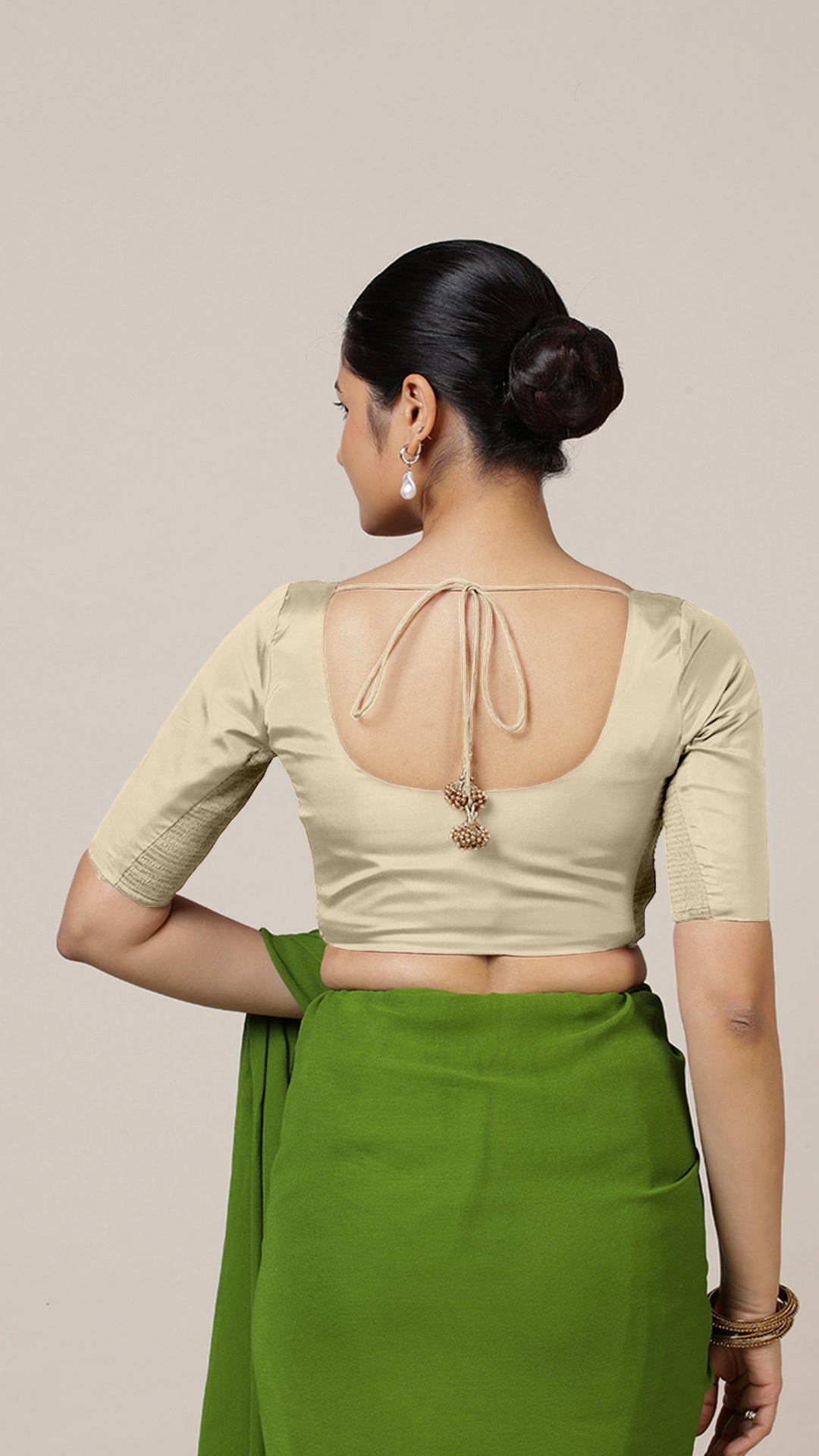 Anisha x Rozaana Saree Blouse, in Cream Vegan Silk, featuring elbow sleeves and round neckline, made for daily & work (view 2).