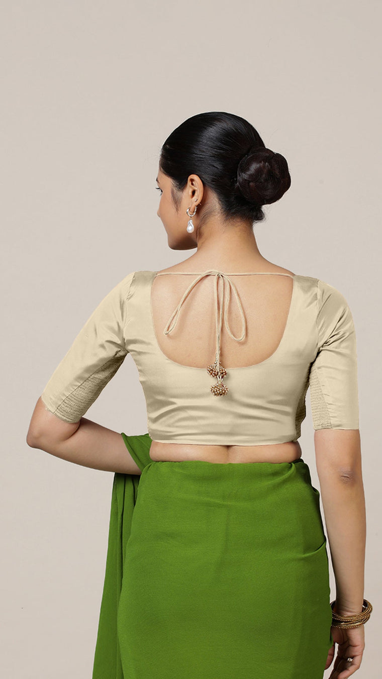 Anisha x Rozaana Saree Blouse, in Cream Vegan Silk, featuring elbow sleeves and round neckline, made for daily & work (view 2).