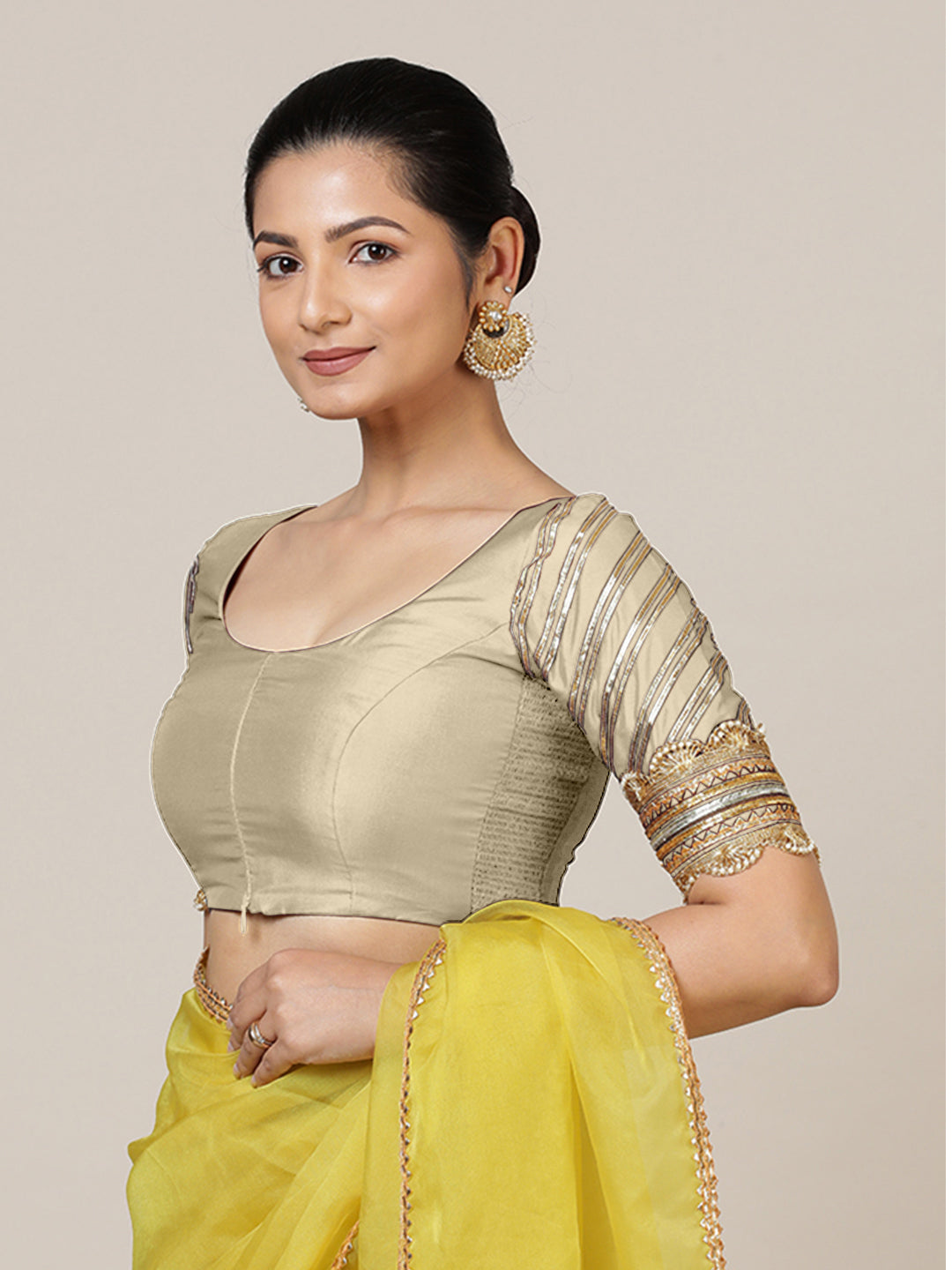 Anisha x Tyohaar Saree Blouse, in Cream Vegan Silk, featuring elbow sleeves and round neckline, made for party & festive.