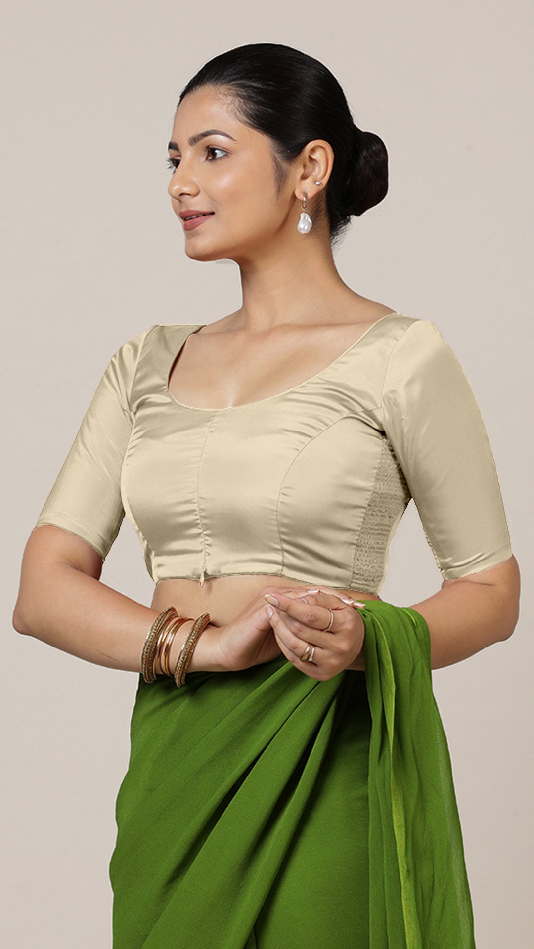 Anisha x Rozaana Saree Blouse, in Cream Vegan Silk, featuring elbow sleeves and round neckline, made for daily & work (view 8).