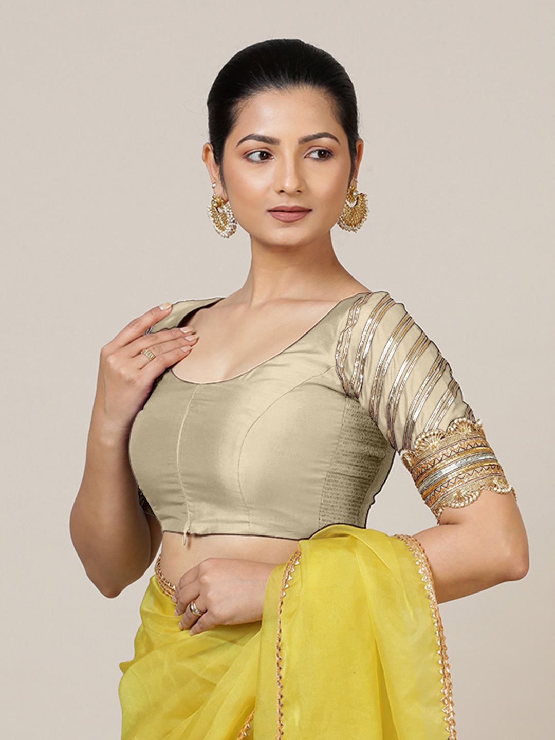 Anisha x Tyohaar Saree Blouse, in Cream Vegan Silk, featuring elbow sleeves and round neckline, made for party & festive.