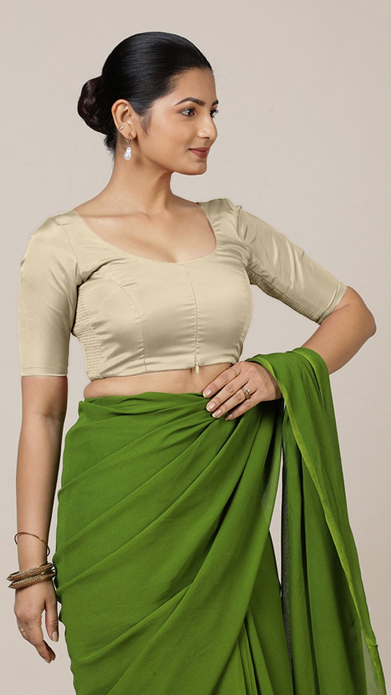 Anisha x Rozaana | Elbow Sleeves Saree Blouse in Cream-Binks