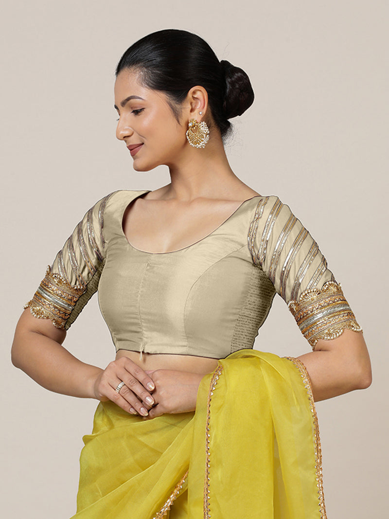 Anisha x Tyohaar | Elbow Sleeves Saree Blouse in Cream-Binks