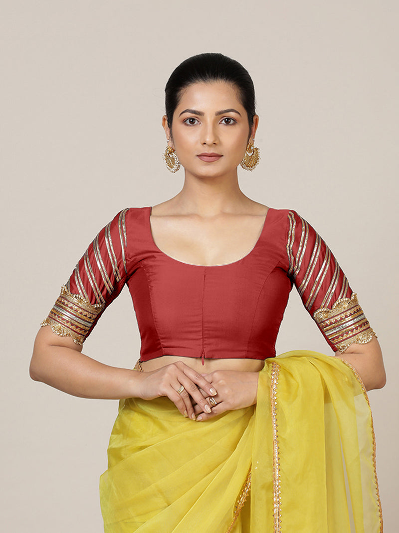 Anisha x Tyohaar | Elbow Sleeves Saree Blouse in Crimson Red-Binks