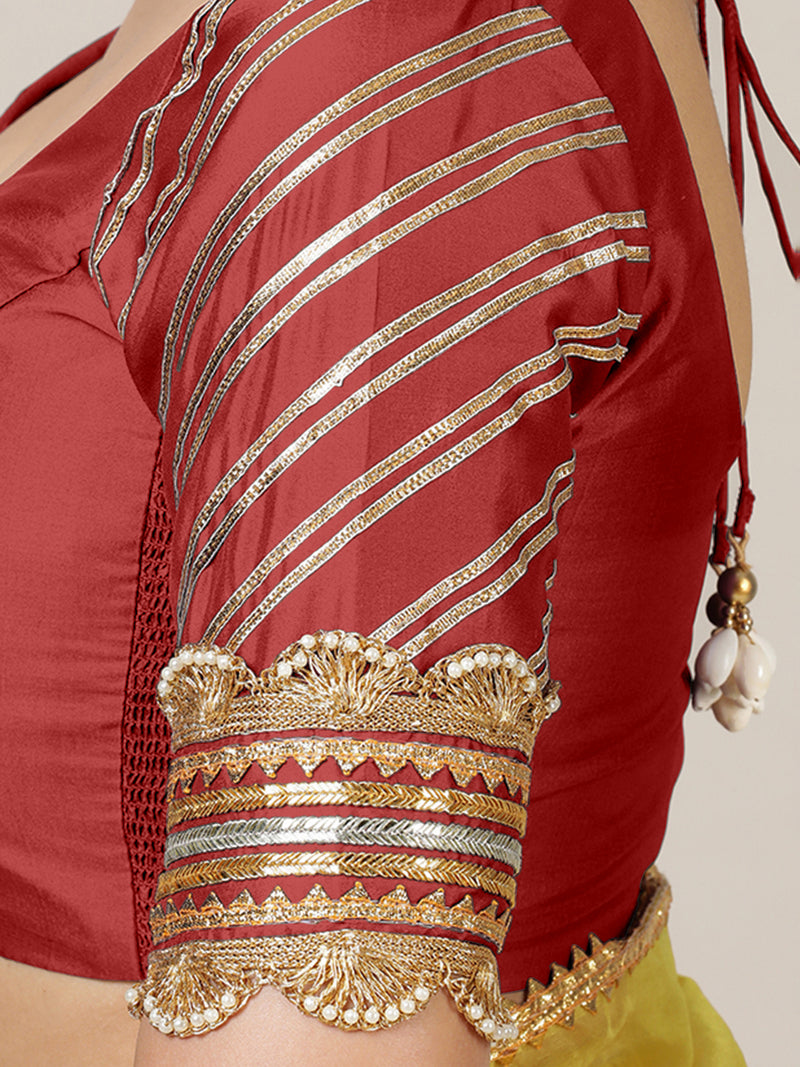 Anisha x Tyohaar | Elbow Sleeves Saree Blouse in Crimson Red-Binks