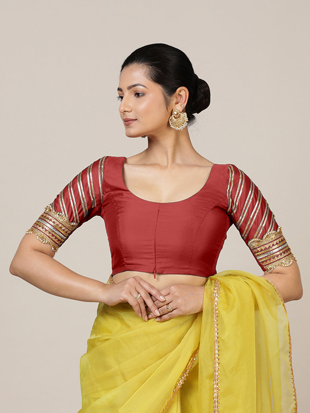 Anisha x Tyohaar Saree Blouse, in Red Vegan Silk, featuring elbow sleeves and round neckline, made for party & festive (view 7).