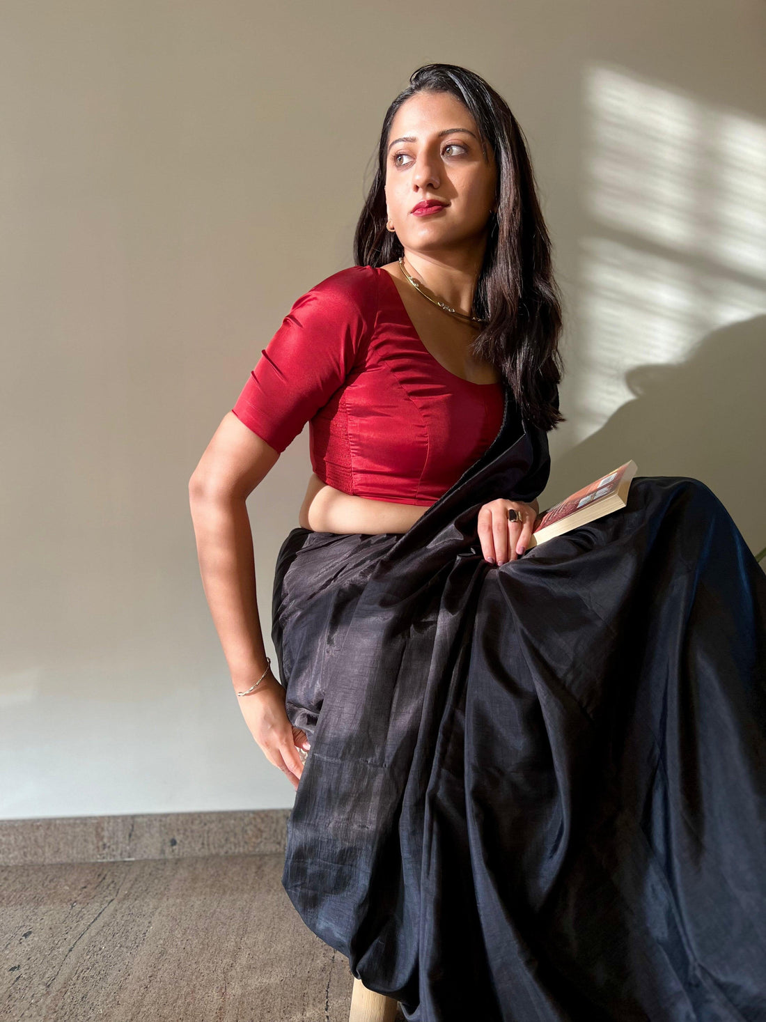 Anisha x Rozaana Saree Blouse, in Red Vegan Silk, featuring elbow sleeves and round neckline, made for daily & work (view 8).