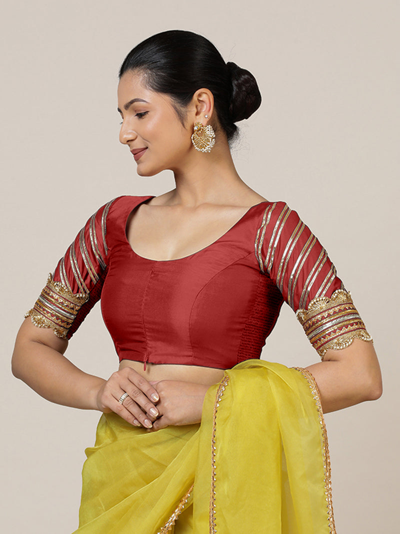 Anisha x Tyohaar | Elbow Sleeves Saree Blouse in Crimson Red-Binks