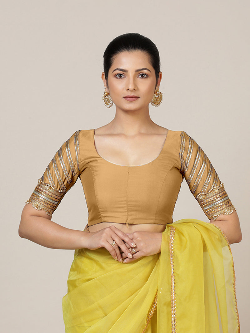 Anisha x Tyohaar | Elbow Sleeves Saree Blouse in Gold-Binks