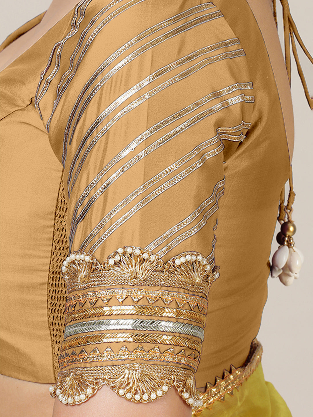 Anisha x Tyohaar Saree Blouse, in Gold Vegan Silk, featuring elbow sleeves and round neckline, made for party & festive.