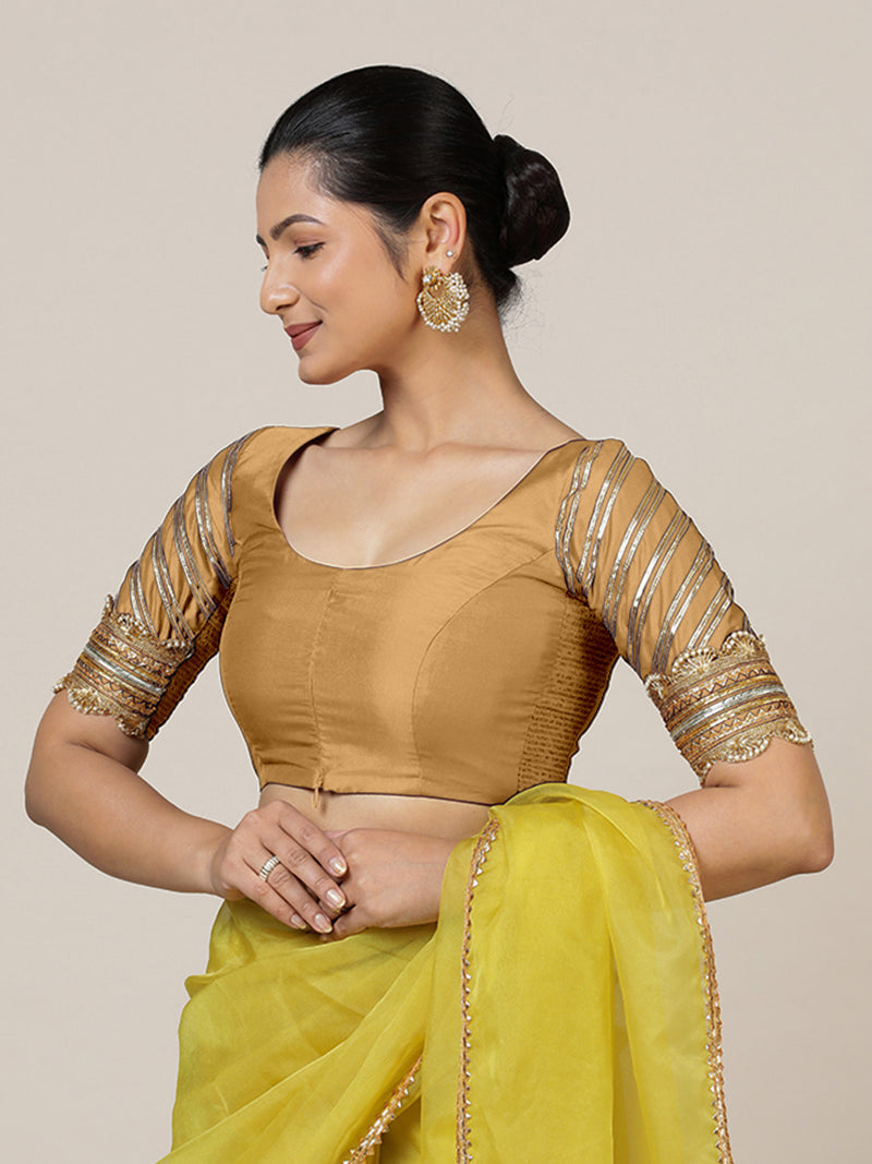 Anisha x Tyohaar | Elbow Sleeves Saree Blouse in Gold-Binks