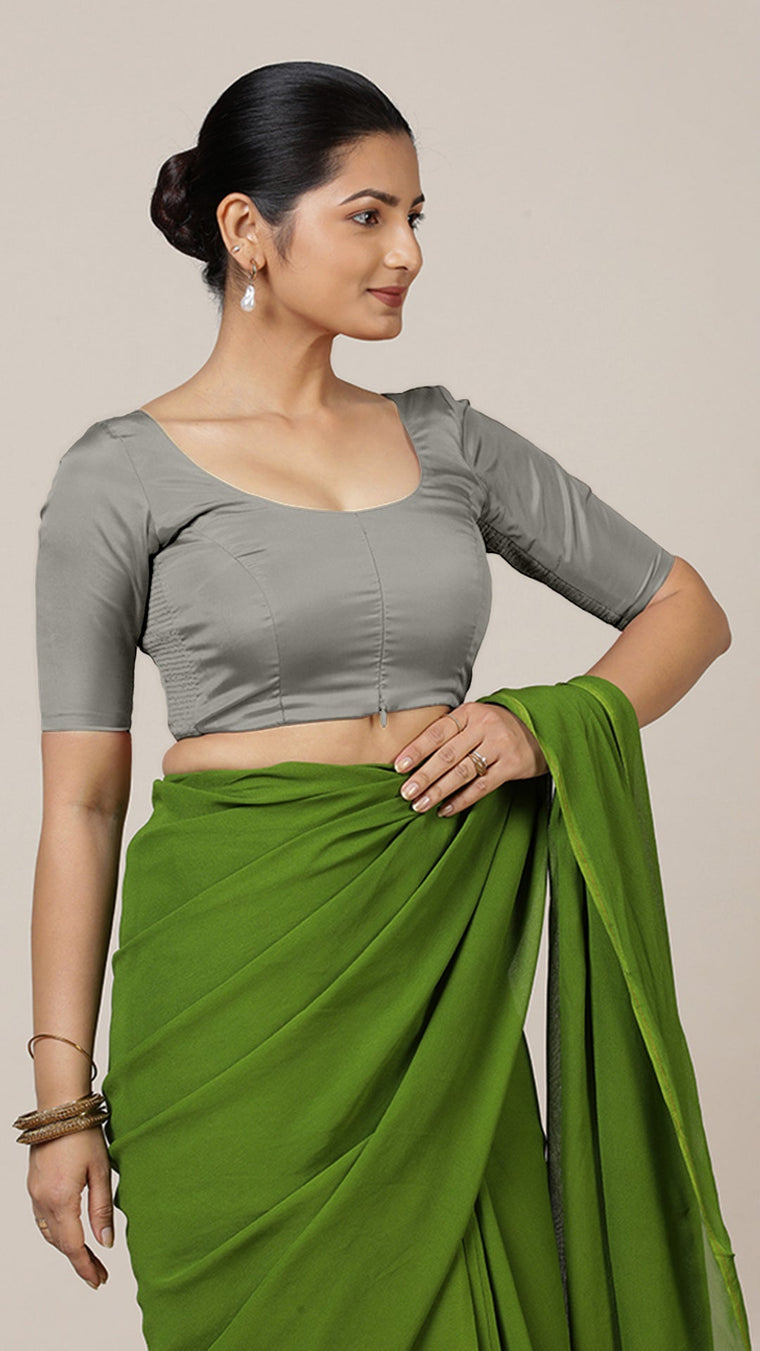 Anisha x Rozaana Saree Blouse, in Grey Vegan Silk, featuring elbow sleeves and round neckline, made for daily & work.