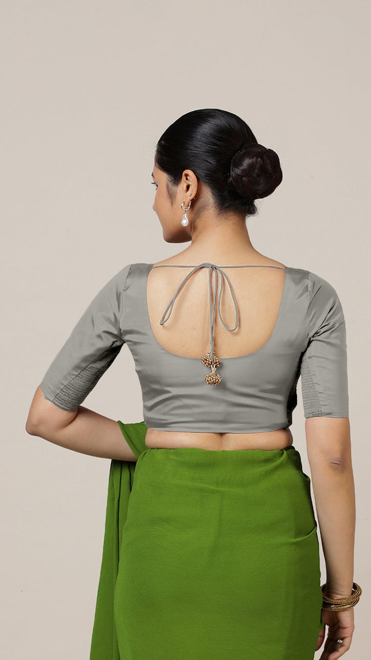 Anisha x Rozaana Saree Blouse, in Grey Vegan Silk, featuring elbow sleeves and round neckline, made for daily & work (view 2).