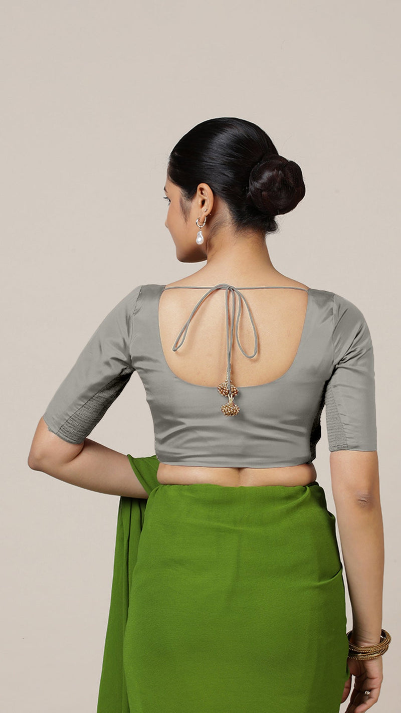 Anisha x Rozaana | Elbow Sleeves Saree Blouse in Grey-Binks