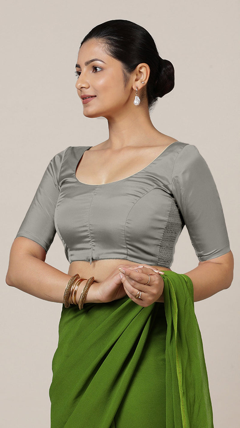 Anisha x Rozaana | Elbow Sleeves Saree Blouse in Grey-Binks