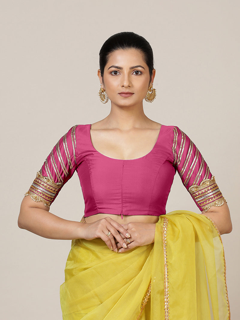 Anisha x Tyohaar | Elbow Sleeves Hot Pink FlexiFit™ Gota Embellished Saree Blouse with Round Neck-Binks