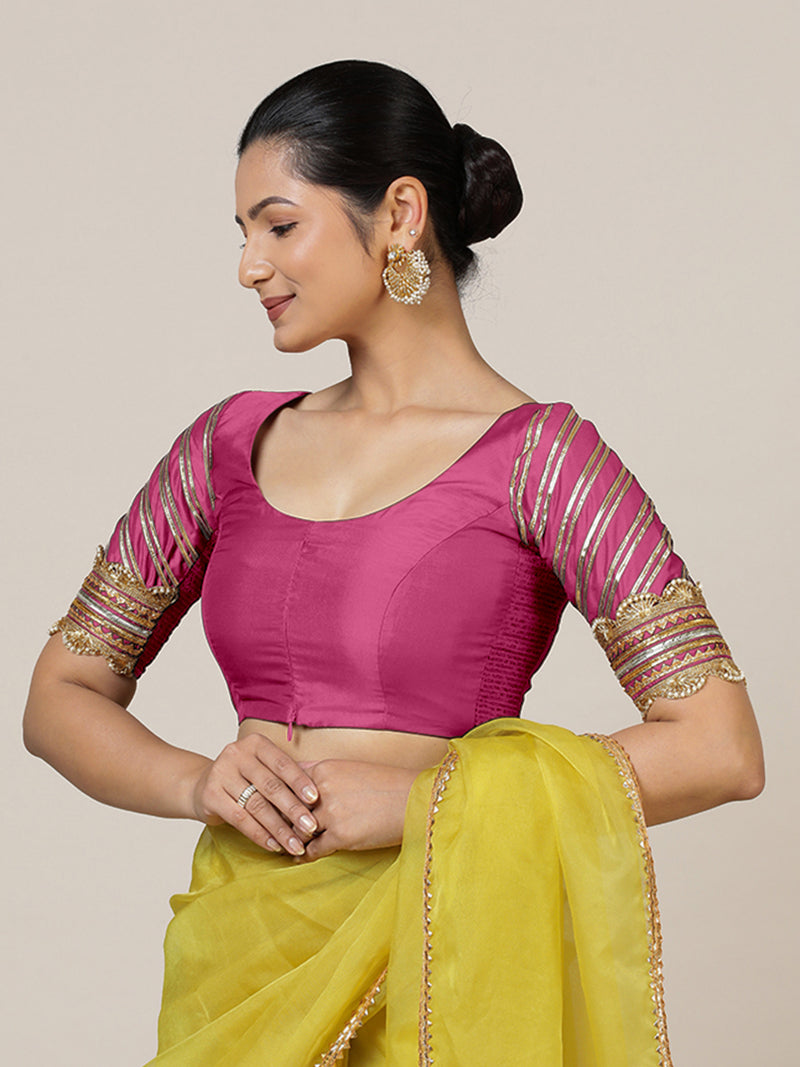 Anisha x Tyohaar | Elbow Sleeves Hot Pink FlexiFit™ Gota Embellished Saree Blouse with Round Neck-Binks