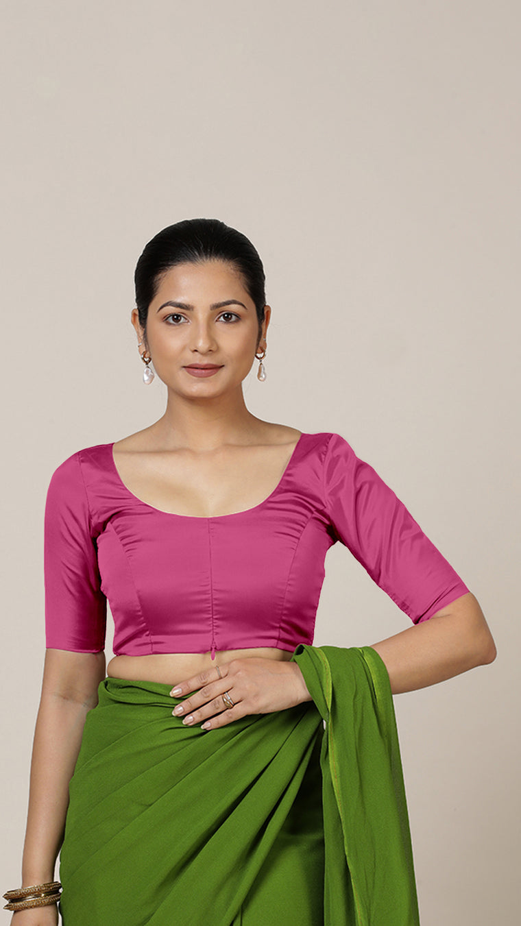 Anisha x Rozaana Saree Blouse, in Pink Artificial Silk, featuring elbow sleeves and round neckline, made for party & festive.