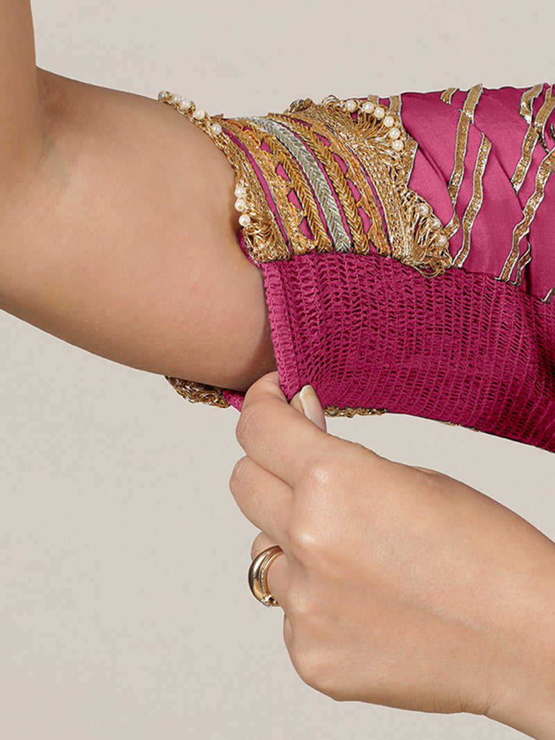 Anisha x Tyohaar | Elbow Sleeves Hot Pink FlexiFit™ Gota Embellished Saree Blouse with Round Neck-Binks