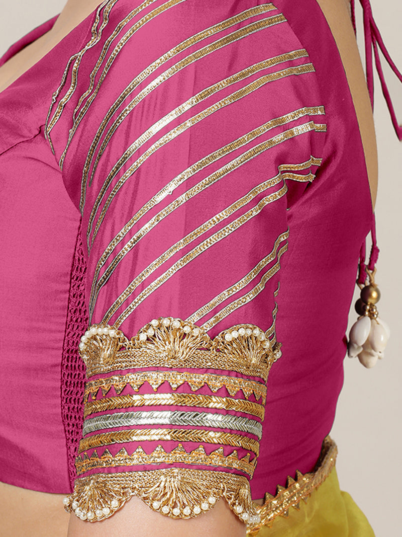 Anisha x Tyohaar | Elbow Sleeves Hot Pink FlexiFit™ Gota Embellished Saree Blouse with Round Neck-Binks