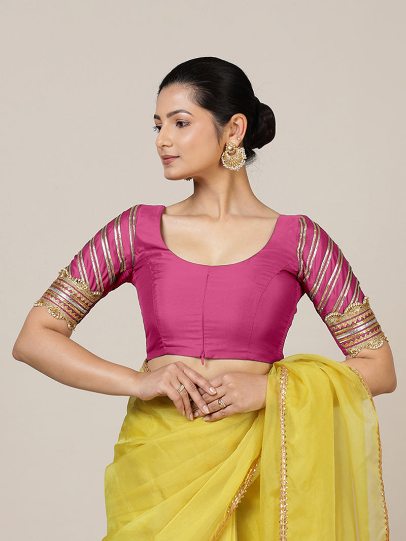 Anisha x Tyohaar | Elbow Sleeves Hot Pink FlexiFit™ Gota Embellished Saree Blouse with Round Neck-Binks